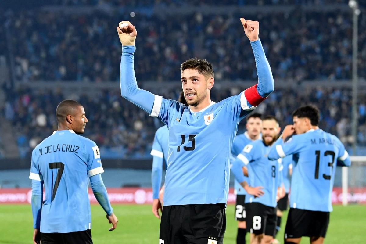 烏拉圭中場(chǎng)球員費(fèi)德里科·巴爾韋德在 2026 年 FIFA 世界杯南美區(qū)預(yù)選賽烏拉圭對(duì)陣智利的比賽中進(jìn)球后慶祝。